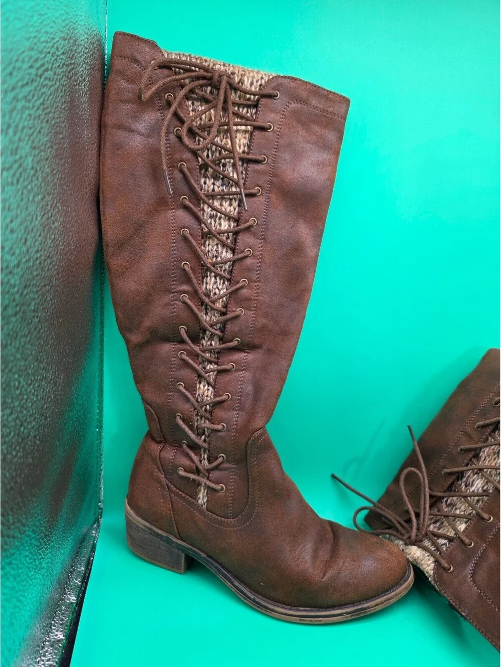 Apt. 9 Women's Tall Lace-Up Boots Brown Knit Back Side Zip Size 7.5M